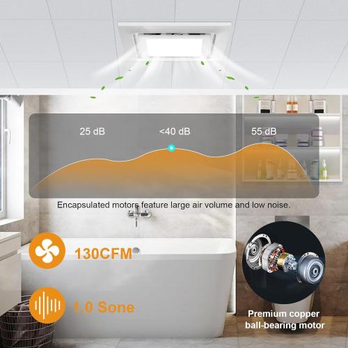 Bathroom Exhaust Fan with Light 10x10 IN Panel, Mounting Opening 8.3x8.3 IN 130CFM Ultra Quiet 1.0 Sone Exhaust Fan with 1500lm 6000K Light Ventilation Fan Combo for home, office etc