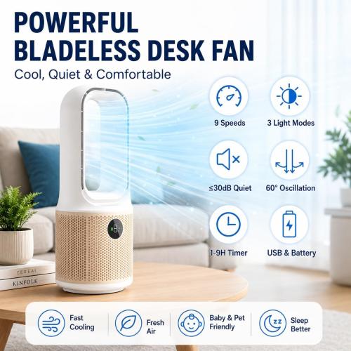 14 Bladeless Desk Fan, USB Rechargeable, Quiet, Personal Cooling Fan