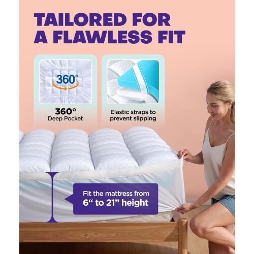 Dual Layer 4 Inch Memory Foam Mattress Topper for Pressure Relief with 4X Support, 2 Fluffy Pillow Top Queen Mattress Topper 50% Viscose Made from Bamboo Plus 2 Cooling Gel Memory Foam Mattress Pad