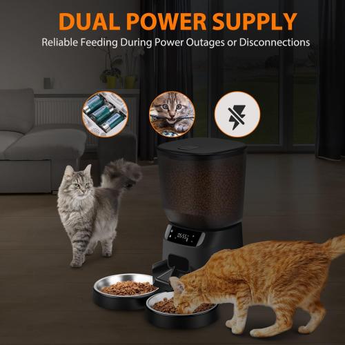 Automatic Cat Feeders for Two Cats, 5L/20 Cups Double Automatic Cat Food Dispenser with 2 Stainless Bowls,10s Meal Call and Timer Setting 20 Portions 6 Meals Per Day,Pet Feeder for Dog Black