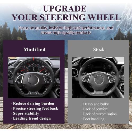 Steering Wheel for Camaro 2015-2024 Hydro Dip Carbon Fiber Steering Wheel with D-shaped Flat-bottom Perforated Leather Grip Hand-Stitched Compatible with Camaro