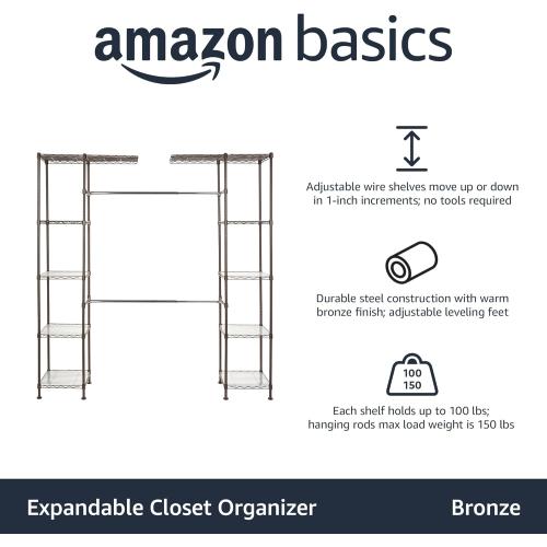 Size 57-80''L x 14''W x 72''H, Bronze Amazon Basics Expandable Metal Hanging Closet Organizer and Storage Rack Wardrobe with Shelves, 57-80''L x 14''W x 72''H, Bronze