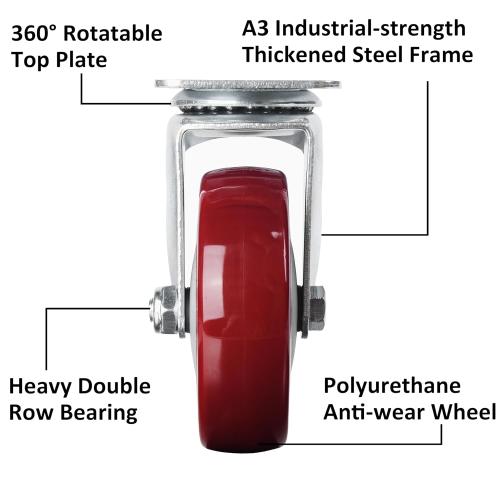Finnhomy 4” Swivel Casters Wheels Set of 4 Plate Casters Heavy Duty Premium Polyurethane Wheels PU Load Bearing 2,600 Lbs Anti-wear Smooth Casters Red (Free Screws)