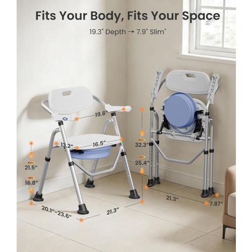 VOCIC Folding Shower Chair for Inside Shower, Lab-Tested 300lbs Heavy Duty Shower Seat for Elderly & Disabled, Flip-Up Arms, Cutout Seat, Height Adjustable Back & Legs, Portable Shower Commode Chair