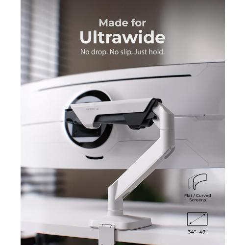 Heavy Duty Monitor Arm Desk Mount for 34-49 Inch Ultrawide Curved Monitors, Supports 14-38 lbs, Gas Spring Ergonomic Full Motion with Cable Management, Red Dot Design Awarded, White