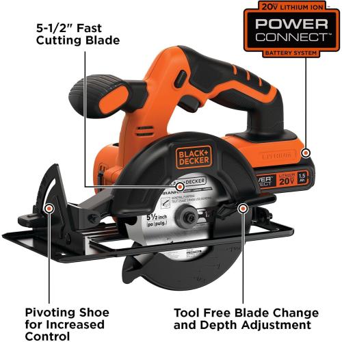 BLACK DECKER 20V MAX POWERCONNECT 5-1/2 in. Cordless Circular Saw with Battery and Charger (BDCCS20C)