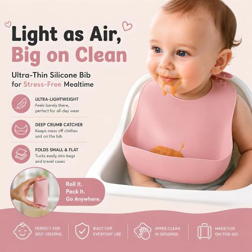 Travel Silicone Baby Feeding Set with 316 Stainless Steel Spoon & Fork ,Silicone Suction Plates, Foldable Bib, Storage Bag - Portable Infant Toddler Utensils, 6-Piece BPA-Free Dishware Kit（pink）