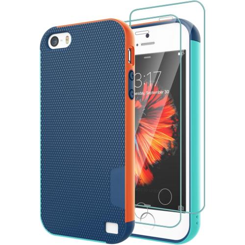 Case for iPhone SE (1st gen - 2016), Case for iPhone 5S with 2 Pack Tempered Glass Screen Protector, Contrasting Colors Ultra Slim One-Piece Anti-Slip Rugged Soft TPU Bumper Shockproof Case - Blue