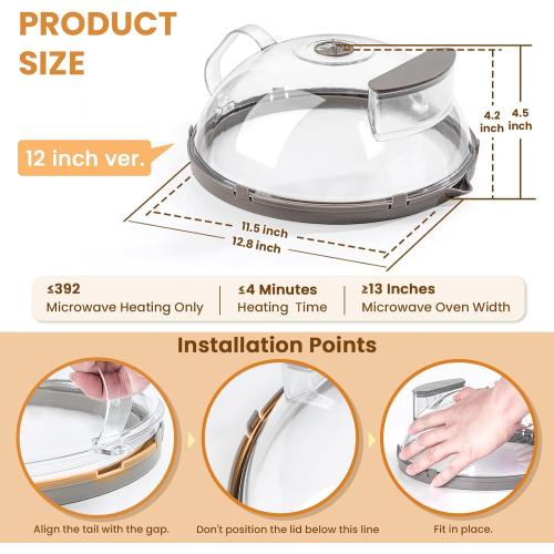 12 Inch Microwave Splatter Cover, Upgraded Microwave Cover for Food with Water Steamer, Integrated Handle, Splatter Guard, Cookware Lid, House Warming Gifts New Home, Grey