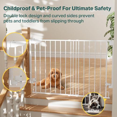 White Cumbor 29.2–43 Baby Gate for Stairs, Wall-Mounted (Drill Required), Expandable No Bottom Bar Dog Gate, Auto Close Extra Wide Walk Thru, Pet & Toddler Proof Gate, Top & Bottom of Stairways (White)