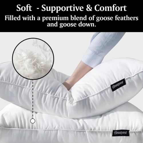 Beautyrest Luxury Goose Feathers Soft Pillows, 500 Thread Count Cover 20”x28”, Queen (Pack of 2), Supportive Fluffy Hotel Collection Bed Pillows for Side and Back Sleepers
