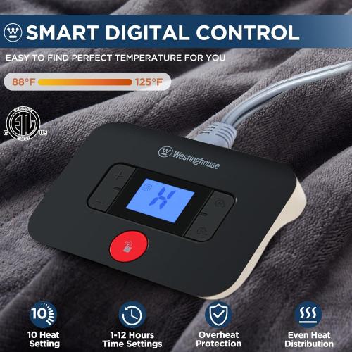 Westinghouse Electric Blanket Twin Size, Super Cozy Soft Flannel 62 x 84 Heated Blanket with 10 Fast Heating Levels & 1-12 Auto-Off, Machine Washable, ETL&FCC Certification, Charcoal