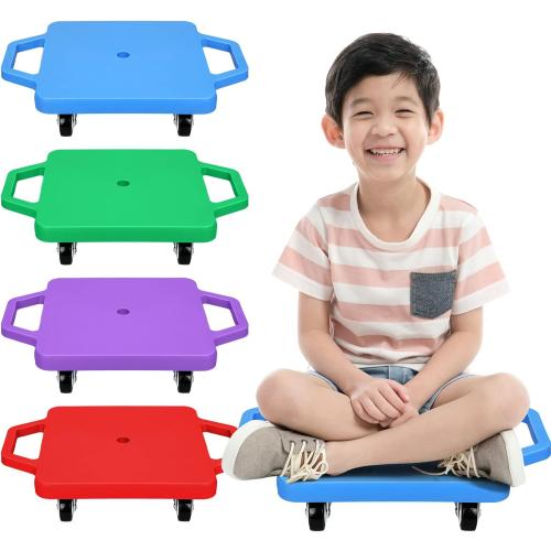 Jerify 4 Pieces Sports Scooter Board with Handles Plastic Casters Floor Sitting Scooter Boards for Kids Children Gym Indoor Outdoor Activities Play Equipment, 11.22 x 11.22 inch