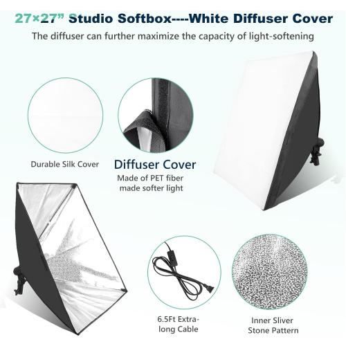 2pcs Size 27x27 Torjim Softbox Photography Lighting Kit, 2Pcs 27 x 27 Professional Soft Box | 3000K-7500K 85W LED Bulbs with Remote, Photography Continuous Lighting Kit for Studio Lights, Portrait, Video Recording