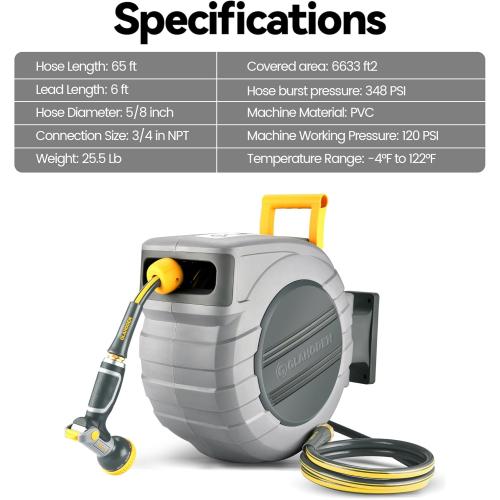 Retractable Garden Hose Reel 5/8 in x 65 ft, 2025 Upgraded Dual Ratchet Lock UV & Freeze Protection Brass Seal Slow Retraction Anti-Tangle Hose 180°Swivel Reinforced Scaffold Wall Mount