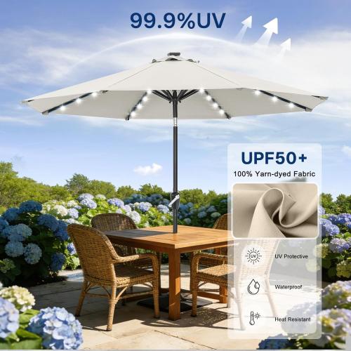ABCCANOPY Durable Solar Led Patio Umbrellas with 32LED Lights 9FT (Light Beige) | Fade & UV Resistant Fabric,8 Heavy-Duty Ribs,Waterproof，Wind Vent Top,Crank & 45° Tilt,Ideal for Patio,Backyard,Garden