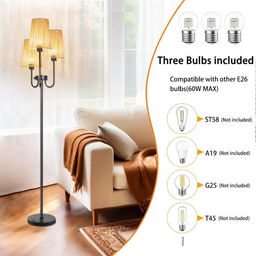 Boho Floor Lamp for Living Room, 3 Light Farmhouse Floor Lamps with Cage Rattan Shade & 7W LED Bulbs, Black Rustic Tree Standing Tall Lamp for Bedroom Corner,65,3 Color Temperature