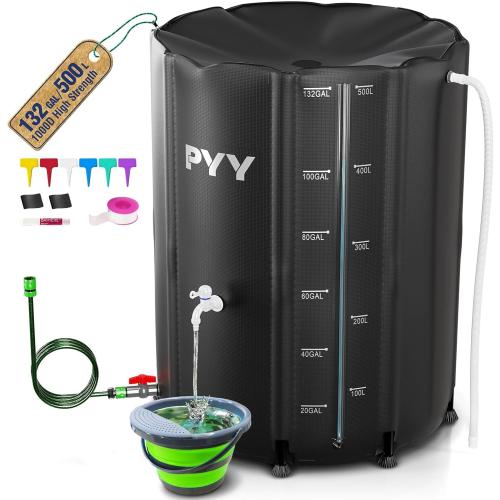 Size 132 Color Black  Rain Water Collection Barrel - 132 Gallon Black Water Storage Tank with Spigot, Hose and Portable Bucket, Large Plastic Collapsible Rain Catcher Catchment System to Collect Rainwater from Gutter