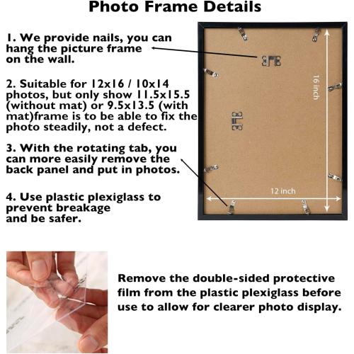 12x16 Picture Frame Set of 2 Black with 10x14 Mat for 30 x 40cm Diamond Art Painting, Display Photo 10x14 with Mat or 12 x 16 Without Mat, Wall Hanging Large Frame, 2 Pack, Black