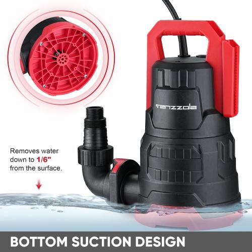 Tenzzola Sump Pump, 1 HP 3960GPH Submersible Utility Water Pump, Thermoplastic Portable Electric Water Removal Transfer Pump with 16.4FT Cord for Swimming Pool Basement Garden Pond Tubs Draining