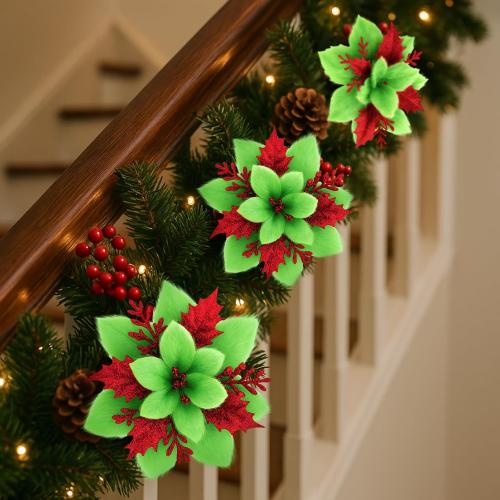 Zeyune 15 Pack Green Poinsettia Flowers Glitter Artificial Christmas Poinsettia Decor 5.5'' Plush Flowers Picks with Clips and Stems DIY for Xmas Tree Wreath Holiday Home Party Decor(Green Red)