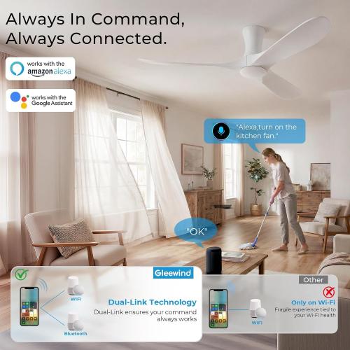 52 inch Smart White Ceiling Fans with Lights, Outdoor Flush Mount Low Profile Ceiling Fan with WIFI Alexa and App Remote Control, Quiet DC Motor, 3 Blades Wood Modern ceiling fan for Bedroom Patio