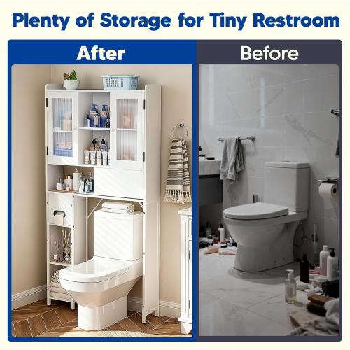 Over The Toilet Storage Cabinet - Over Toilet Bathroom Organizer with Sliding Barn Doors, Adjustable Shelves & Toilet Paper Holder, pace-Saving Over-Toilet Rack for Bathroom, Restroom, Laundry, White