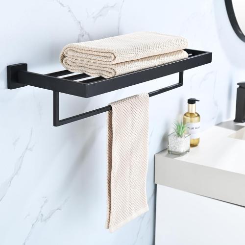 Black Towel Rack 24'' Bath Towel Shelf with Towel Bars SUS304 Matte Black Stainless Steel Wall Mounted，Modern Bathroom Storage Shelf
