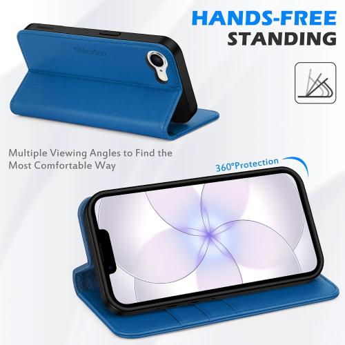 SHIELDON Real Leather Wallet Case for iPhone 17e/16e 6.1, Sapphire Blue