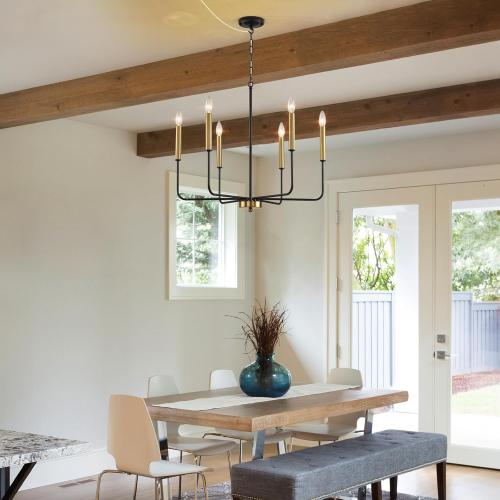 HOXIYA DIMMABLE Plug in Chandelier with Cord 25.6, Black and Gold 6 Light Modern Farmhouse Chandelier for Dining Room, Rustic Retro Hanging Ceiling Lighting Pendant Light Outdoor Gazebo Porch Bedroom