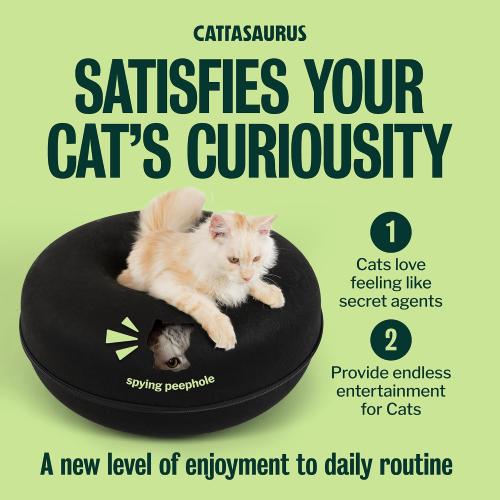 Cattasaurus Peekaboo Cat Cave Donut for Multiple & Large Cats up to 30-45 lbs, 3-in-1 Self Warming Cat Bed, Tunnel & Scratcher for Indoor Cats, Washable & Detachable Small Dog Bed (Black, Jumbo)