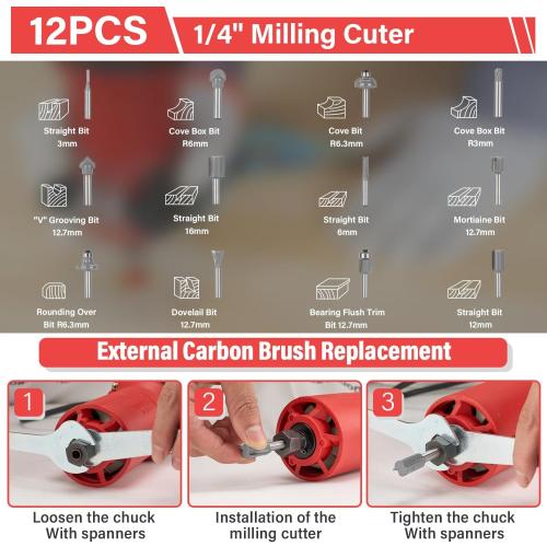 TEENO Wood Router, 650W Compact Router Tool for Woodworking, Hand Wood Trimmer with 12Pcs 1/4 Bits Set, 6 Speeds, Edge & Roller Guide, Portable Tool Box, Dust Hood