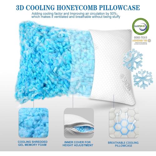 Cooling Pillows Queen Size Set of 2, Shredded Memory Foam Pillows for Sleeping, Firm Pillow Adjustable Soft Gel Cool Bed Pillow for Side, Back and Stomach Sleeper（20x30）