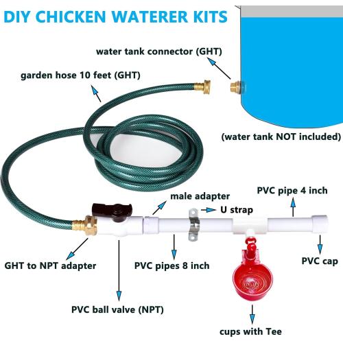 Automatic Chicken Watering System with PVC Pipe (Real Complete Set Pipeline) - 1/2 PVC Tee Fittings & Pipe & Garden Hose Connect to Water Tank, Automatic Poultry Waterer Feeder Kit