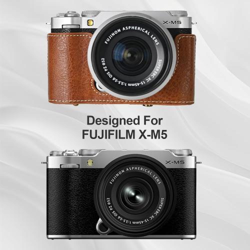VOVMOEYA Protective Camera Case for Fujifilm XM5 Mirrorless Camera,Fuji X-M5 Camera Case Fuji XM5 Half Case With Front Cover With Shoulder Strap Full Protection Snap Button-COFFEE
