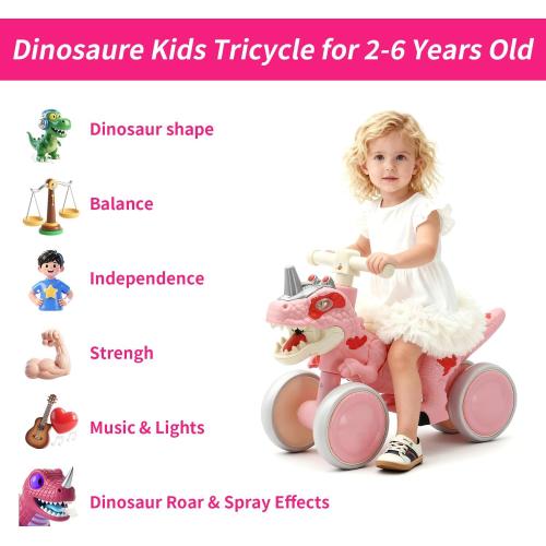 Color green Dinosaur Balance Bike for 1-3 Year Olds, Toddler 4-Wheel No-Pedal Walker Scooter with Music & Mist Spray Effects, ASTM Certified First Birthday Gift for Boys & Girls