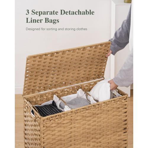 SETVSON Laundry Hamper with Lid 132 L, (35 Gallons) Clothes Hamper with Lid, Handwoven Rattan Laundry Hamper with Metal Heightened Feet, Laundry Hampers with 3 Removable Liner Bags for Laundry-Natural