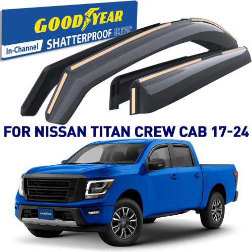 Goodyear Shatterproof in-Channel Window Deflectors for Nissan Titan 2017-2024 Crew Cab, Rain Guards, Window Visors for Cars, Vent Deflector, Car Accessories, 4 pcs - GY007984