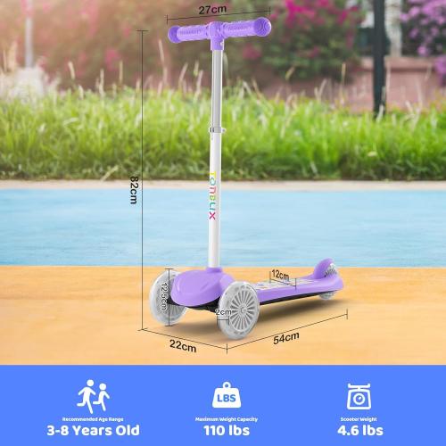 TONBUX Kids Scooter for Ages 3-8, Toddler Scooter with Light-Up Wheels, Adjustable 4-Level Height 3-Wheel Scooters for Kids, Lean-to-Steer Design