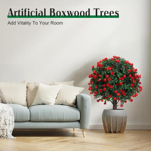 Set of 2 Artificial Boxwood Topiary Ball Trees with Red Flowers for Outdoor with Ground Spike 22, UV Resistant Faux Greenery Shrubs, Fake Plants for Garden, Yard, Porch, Patio Valentine's Day Decor