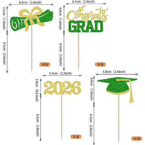 24 Pack Congrats 2026 Graduation Cupcake Toppers Glitter Grad Cap Diploma 2026 Senior Cake Pick for Class of 2026 Theme Party Cupcake Decoration Supplies Blue Green