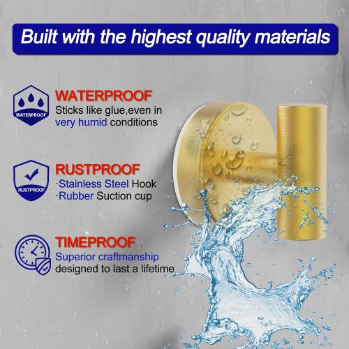 Suction Cup Hooks, Shower Hooks for Inside Shower – Removable Towel Hooks for Bathroom Window Glass Mirror Tile, Bath Robe Looafh Hook for Hanging – Waterproof & Rustproof, Gold(2 Pack)