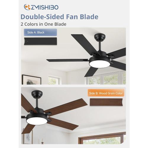 ZMISHIBO 52 Inch Ceiling Fan with Light, 30W LED, Smart Remote/APP, Black