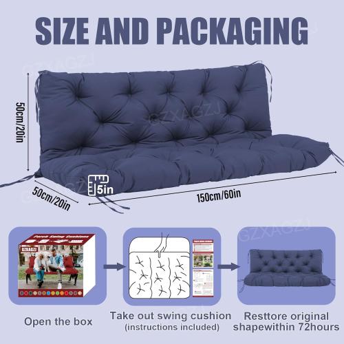Porch Swing Cushions Outdoor 60 inch Waterproof Thicken 5 Backyard Swing Cushion with Backrest and Ties 2-3 Seat Outdoor Swing Cushions Replacement for Porch Patio Garden Lawn(Navy Blue) (top corner ripped)