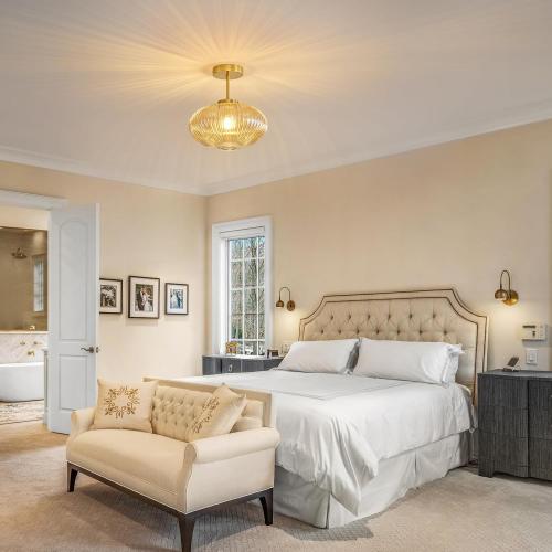 Amber Ribbed Glass Ceiling Light: 11.8 Vintage Semi Flush Mount Ceiling Lights - Mid Century Modern Brass Light Fixture - Minimalist Drum Decorative Lighting Fixtures for Bedroom Living Room Entryway