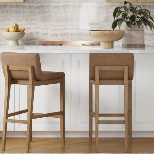 Nathan James Gracie Modern Upholstered Bar Chair, Wooden Bar Stool for Kitchen Island with Faux Leather Upholstery, Light Brown, Set of 2