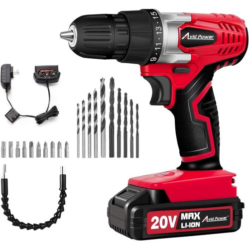 Color red AVID POWER 20V MAX Lithium lon Cordless Drill Set, Power Drill Kit with Battery and Charger, 3/8-Inch Keyless Chuck, Variable Speed, 16 Position and 22pcs Drill Bits (Red)