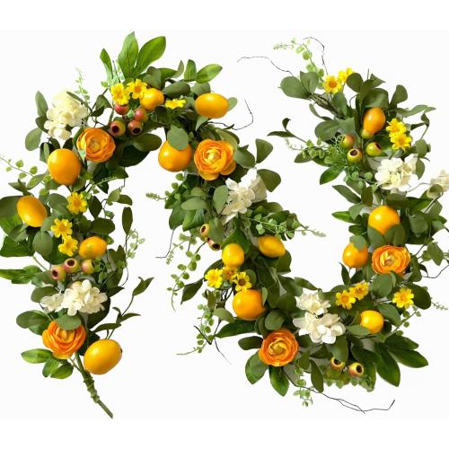 Bibelot 66 inch Artificial Lemon Garland with Yellow Peony, White Hydrangea, Green Leaves, Big Berries, Grapevine - Spring/Summer Wreath for Wall, Window, Party Decor