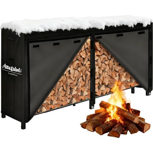 Amagabeli 8ft Firewood Log Rack with Cover Outdoor Heavy Duty Firewood Rack With Weather Resistant 600D Oxford Fabric Cover Indoor Outdoor Wood Racks for Fire Wood Holder