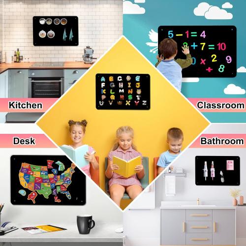 4 Pack Black Magnetic Board,17.5 x 11.4 Magnet Bulletin Board to Display Magnetic Notes, Poetry, Photos, Suitable for Wall, Refrigerator, Cabinet etc, Come with 16 Plastic Anchor Bolts and Screws